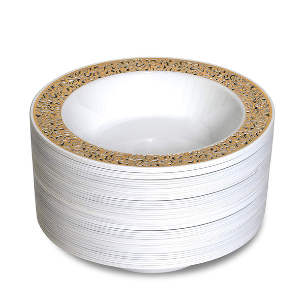 BloominGoods - Disposable Plastic plates, White with GOLD LACE - 14-Ounce Soupe Bowls (50-pack)