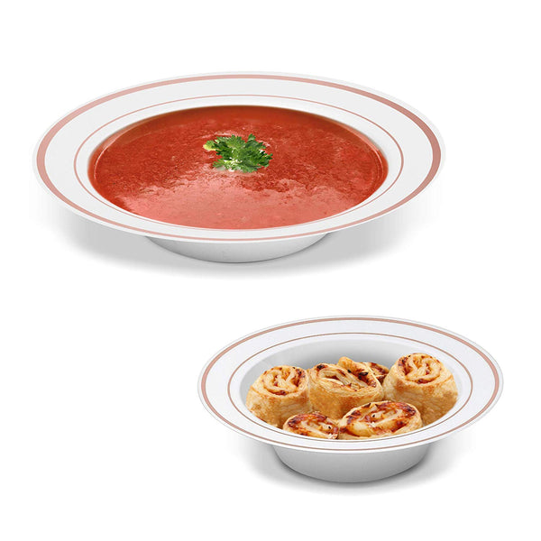 50 Disposable White Rose Gold Rimmed Heavy Duty Plastic Bowls | 25 14 oz. Soup Bowls and 25 6 oz. Dessert/Appetizer Bowls | Premium Combo Disposable Dinnerware Set | Great for Parties