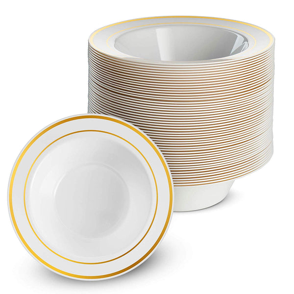 50 Disposable White Gold Trim Plastic Dessert Bowls | SMALL 6 oz. Premium Heavy Duty Disposable Dinnerware with Real China Design | Safe & Reusable and Great for Parties (50-Pack) by Bloomingoods