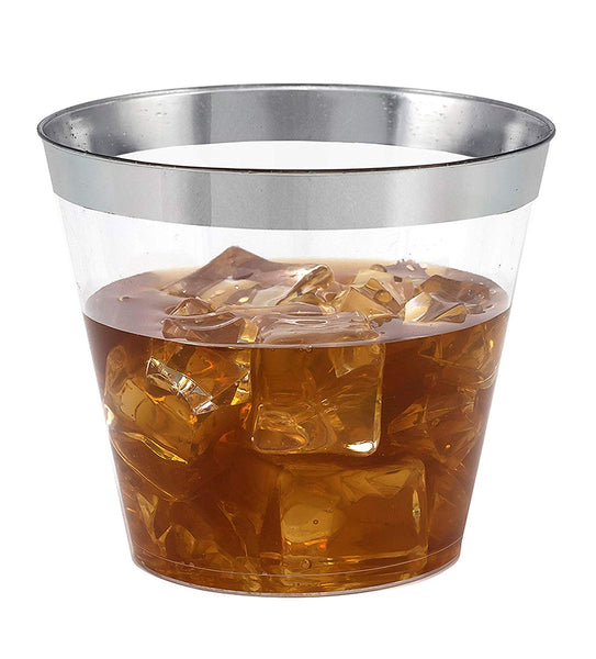 100 Silver Rimmed Clear Hard Plastic Cups | 9 oz. Fancy Disposable Tumblers (100-Pack) by Bloomingoods