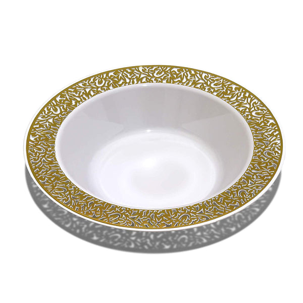BloominGoods - Disposable Plastic plates, White with GOLD LACE - 14-Ounce Soupe Bowls (50-pack)