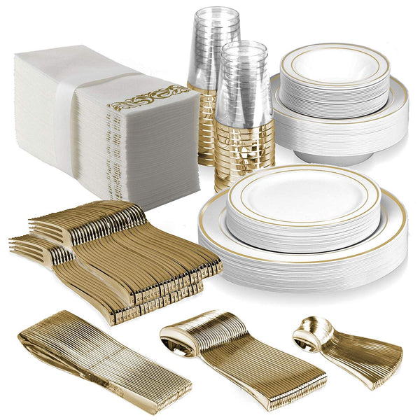 25 Guest Disposable Gold Dinnerware Set | Heavy Duty Plastic Plates, Cups, Silverware & Napkins. 50 Forks, 25 Spoons, 25 Dessert Spoons, 25 Knives, 25 Dinner Plates, 25 Dessert Plates, 25 Soup Bowls