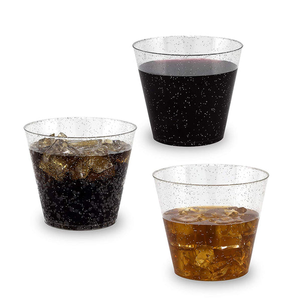 100 Silver Glittered Clear Hard Plastic Cups | 9 oz. Fancy Disposable Tumblers (100-Pack) by Bloomingoods