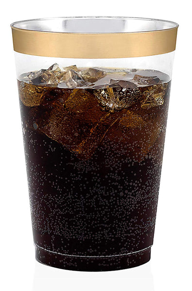 50 Gold Rimmed Clear Hard Plastic Cups | 16 oz. Fancy Disposable Wedding Tumblers for Party & Wedding (50-Pack)