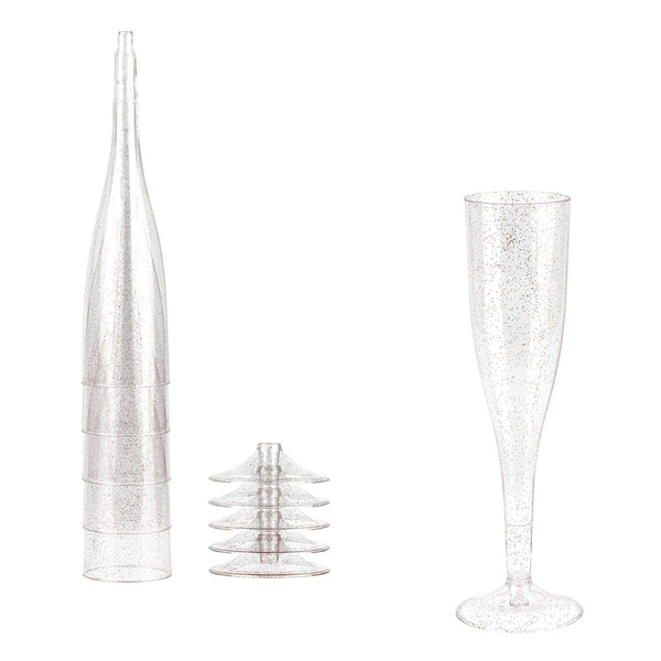 Plastic Champagne Glasses with Rose Gold Glitter, 50-Pack Disposable or Reusable Large Champagne Flutes, 7 oz
