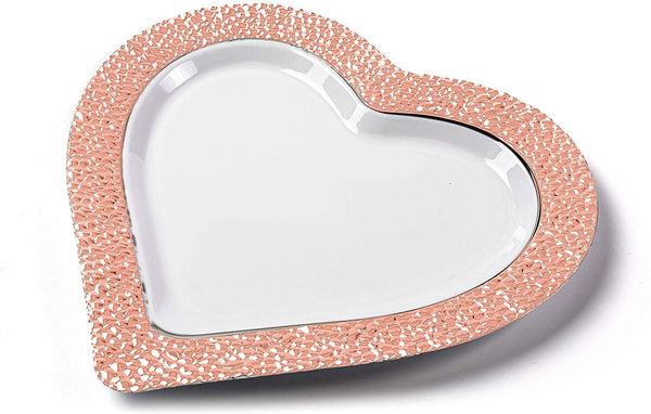BloominGoods - Disposable Plastic Plates, White with ROSE GOLD HAMMERED - 8" HEART Dessert Plate (50-Pack)