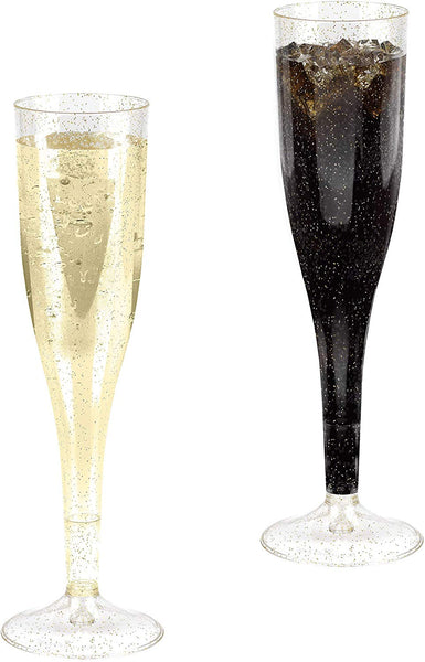 Plastic Champagne Glasses with Gold Glitter, 100-Pack Disposable or Reusable Large Champagne Flutes, 7 oz