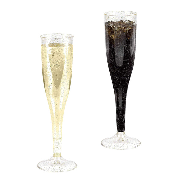 Plastic Champagne Glasses with Gold Glitter, 50-Pack Disposable or Reusable Large Champagne Flutes, 7 oz