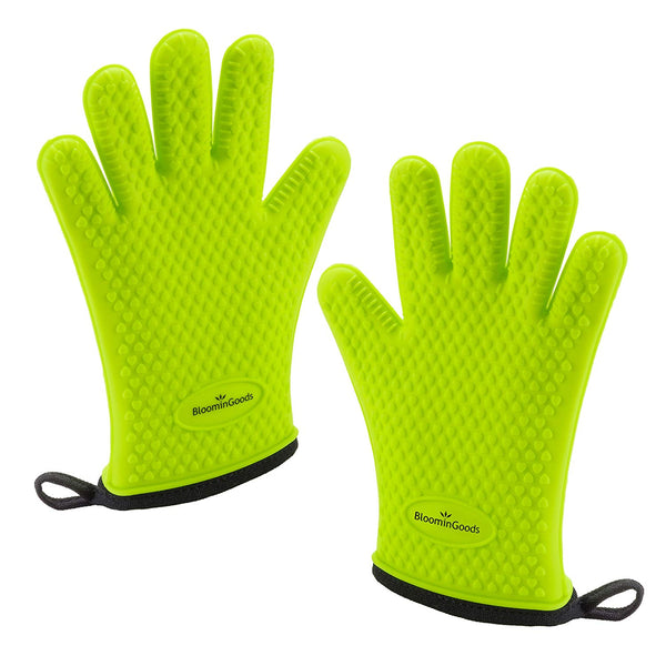 BloominGoods Silicone Cooking Gloves – Heat Resistant Oven Mitt & barbecue gloves for Grilling, BBQ and Baking - Non-Slip Potholders with Internal Protective Cotton Layer (Green)