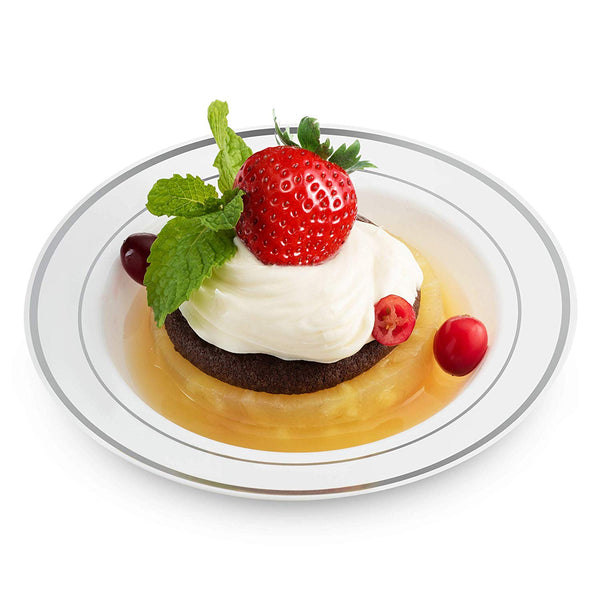 BloominGoods - Disposable Plastic plates, White with SILVER Rim - 6-Ounce Dessert Bowls (100-pack)