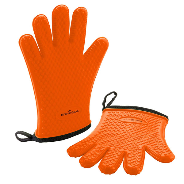 BloominGoods Silicone Cooking Gloves – Heat Resistant Oven Mitt & barbecue gloves for Grilling, BBQ and Baking - Non-Slip Potholders with Internal Protective Cotton Layer (Orange)