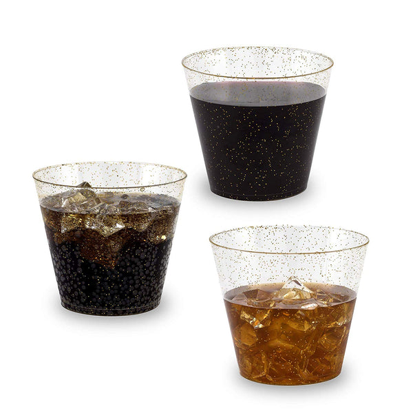 100 Gold Glitter Clear Hard Plastic Cups | 9 oz. Fancy Disposable Tumblers (100-Pack) by Bloomingoods