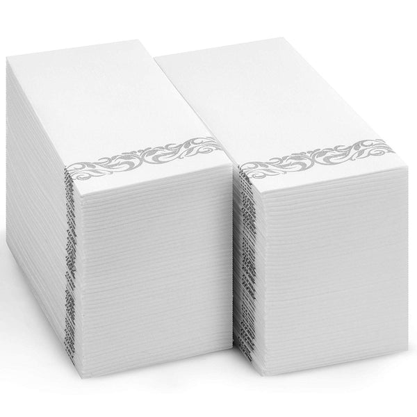 BloominGoods Disposable Dinner Napkins & Decorative Bathroom Paper Hand Towels | Soft and Absorbent Linen-Feel Guest Towels for Parties, Weddings, Dinners, Events | White and Silver (100-Pack)