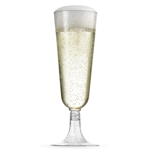 50 Plastic Silver Glittered Champagne Flutes | 5.5 oz. Clear Hard Disposable Party & Wedding Cups | Premium Heavy Duty Fancy Champagne Flute or Toasting Glasses (50-Pack) Silver Sparkled