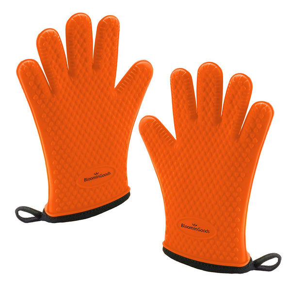 BloominGoods Silicone Cooking Gloves – Heat Resistant Oven Mitt & barbecue gloves for Grilling, BBQ and Baking - Non-Slip Potholders with Internal Protective Cotton Layer (Orange)
