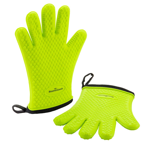 BloominGoods Silicone Cooking Gloves – Heat Resistant Oven Mitt & barbecue gloves for Grilling, BBQ and Baking - Non-Slip Potholders with Internal Protective Cotton Layer (Green)