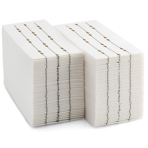 BloominGoods Disposable Hand Towels & Decorative Bathroom Napkins | Soft and Absorbent Linen-Feel Paper Guest Towels for Kitchen, Parties, Weddings, Dinners or Events | White and Silver (100-Pack)