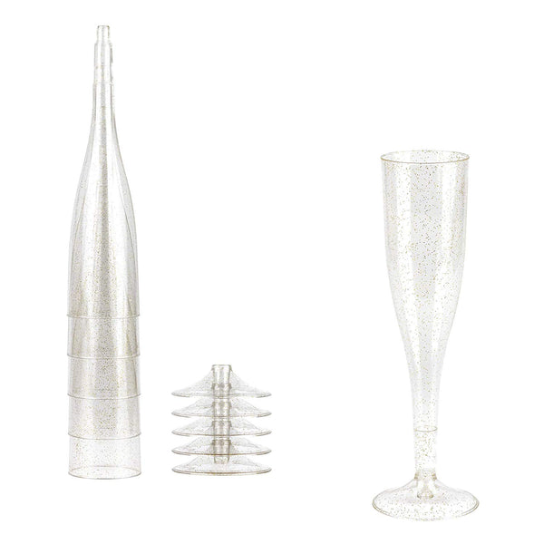 Plastic Champagne Glasses with Gold Glitter, 50-Pack Disposable or Reusable Large Champagne Flutes, 7 oz
