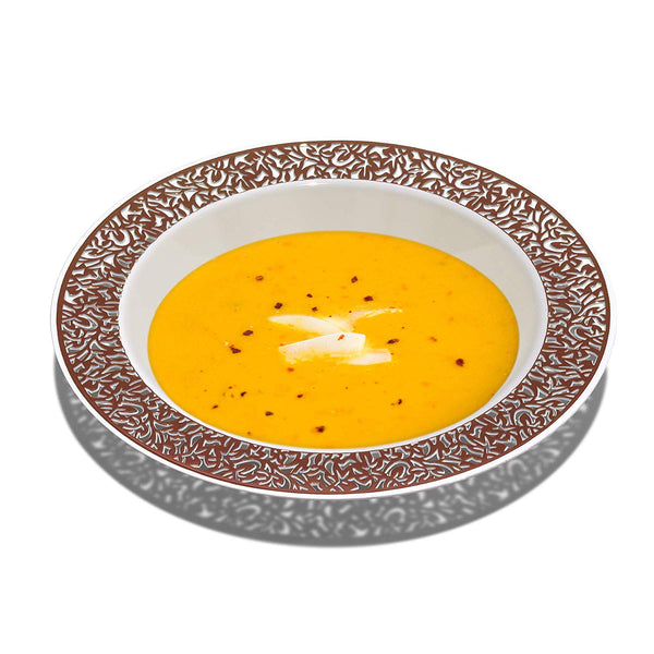 BloominGoods - Disposable Plastic plates, White with ROSE GOLD LACE - 14-Ounce Soupe Bowls (50-pack)