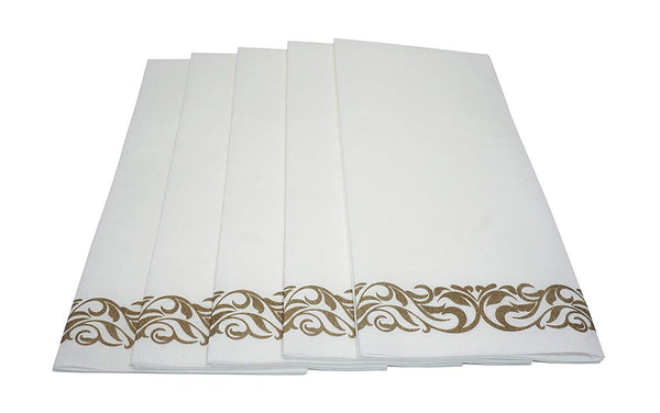 BloominGoods Disposable Linen-Feel Guest Towels - Decorative White Hand Towels, Gold Floral Cloth-Like Paper Napkins - Case of 1000 (Bulk Packaging)