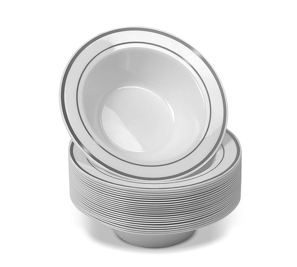 50 Disposable White Silver Trim Plastic Dessert Bowls | SMALL 6 oz. Premium Heavy Duty Disposable Dinnerware with Real China Design | Safe & Reusable and Great for Parties (50-Pack) by Bloomingoods