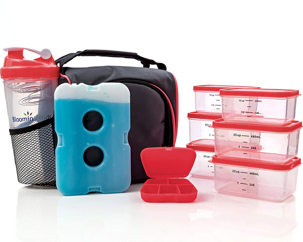 Meal Prep Bag, Lunch Box with Leakproof Portion Control Container Set, Reusable Ice Pack, Shaker Bottle and Vitamin Pocket for Healthy Meals All Day (Red) by Bloomingoods