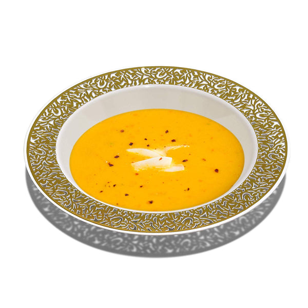 BloominGoods - Disposable Plastic plates, White with GOLD LACE - 14-Ounce Soupe Bowls (50-pack)