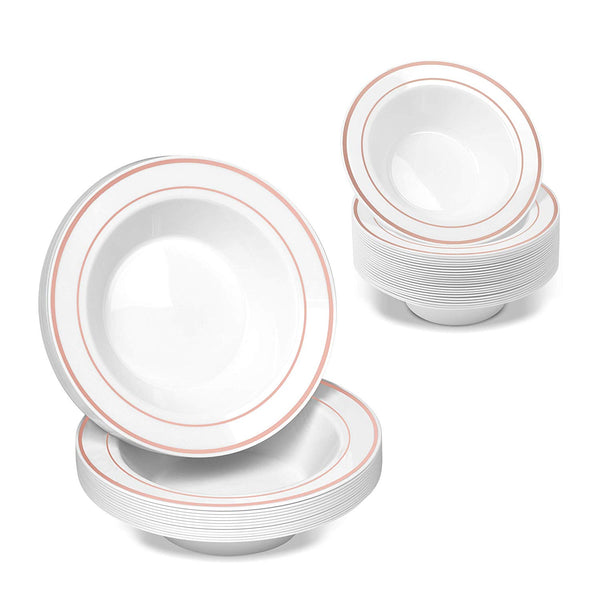 50 Disposable White Rose Gold Rimmed Heavy Duty Plastic Bowls | 25 14 oz. Soup Bowls and 25 6 oz. Dessert/Appetizer Bowls | Premium Combo Disposable Dinnerware Set | Great for Parties