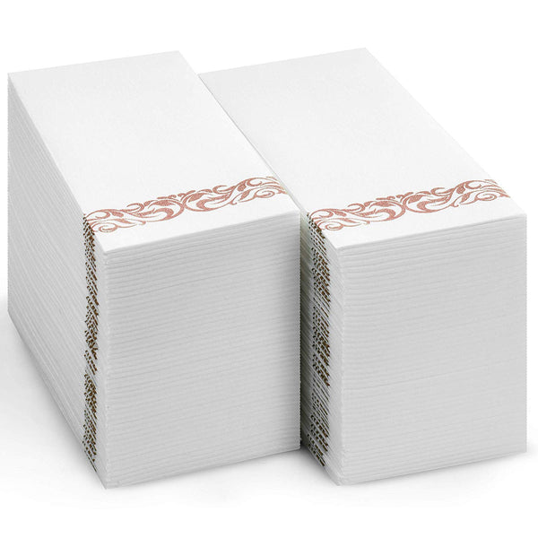 BloominGoods Disposable Dinner Napkins & Decorative Bathroom Paper Hand Towels | Soft and Absorbent Linen-Feel Guest Towels for Parties, Weddings, Dinners, Events | White, Rose Gold (100-Pack)