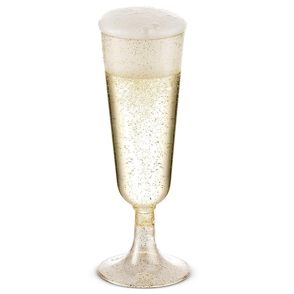 50 Gold Glitter Plastic Champagne Flutes | 5.5 oz. Clear Hard Disposable Party Cups | Premium Heavy Duty Fancy Champagne Flute or Toasting Glasses (50-Pack) by Bloomingoods