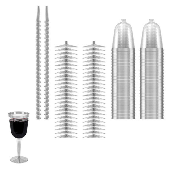 25 Silver Rimmed Disposable Plastic Wine Glasses | Large 10 oz. Premium Clear Hard Plastic Fancy Wine Cups for Weddings & Events (25-Pack) by BloominGoods