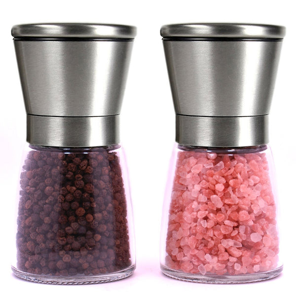 Premium Stainless Steel Salt and Pepper Grinder (Set of 2) - 6 Oz Glass Base Pepper Mill and Salt Mill - Adjustable Coarseness Grind Setting Salt and Pepper Shakers by Bloomingoods