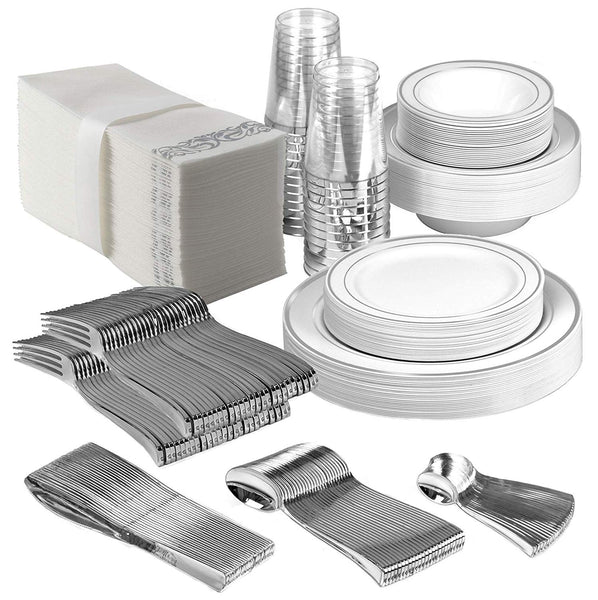 25 Guest Disposable Silver Dinnerware Set | Heavy Duty Plastic Plates, Cups, Silverware & Napkins. 50 Forks, 25 Spoons, 25 Dessert Spoons, 25 Knives, 25 Dinner Plates, 25 Dessert Plates, 25 Soup Bowls