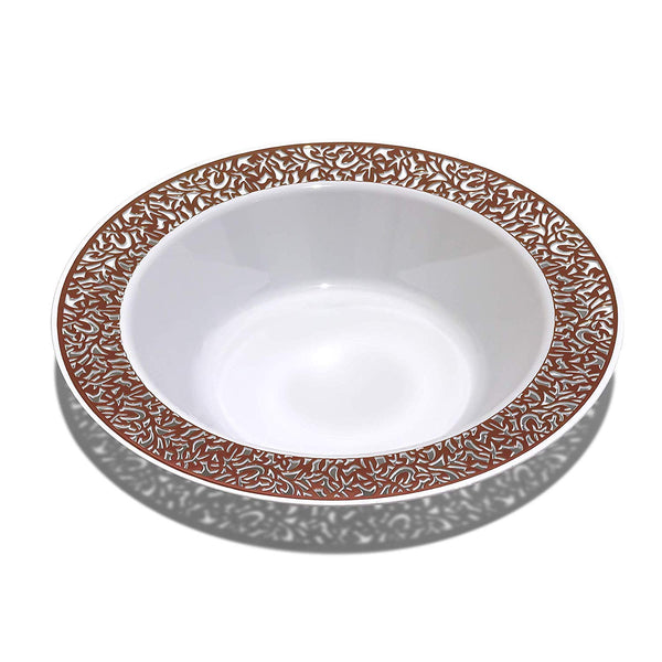 BloominGoods - Disposable Plastic plates, White with ROSE GOLD LACE - 14-Ounce Soupe Bowls (50-pack)