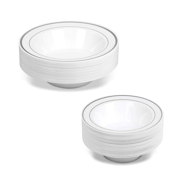 50 Disposable White Silver Rimmed Heavy Duty Plastic Bowls | 25 14 oz. Soup Bowls and 25 6 oz. Dessert/Appetizer Bowls | Premium Combo Disposable Dinnerware with Real China Design | Great for Parties