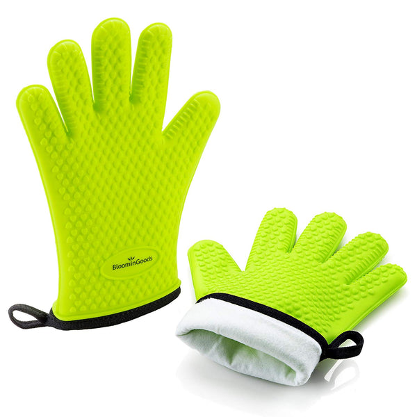 BloominGoods Silicone Cooking Gloves – Heat Resistant Oven Mitt & barbecue gloves for Grilling, BBQ and Baking - Non-Slip Potholders with Internal Protective Cotton Layer (Green)