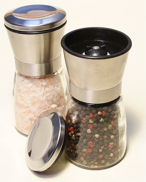 Premium Stainless Steel Salt and Pepper Grinder (Set of 2) - 6 Oz Glass Base Pepper Mill and Salt Mill - Adjustable Coarseness Grind Setting Salt and Pepper Shakers by Bloomingoods