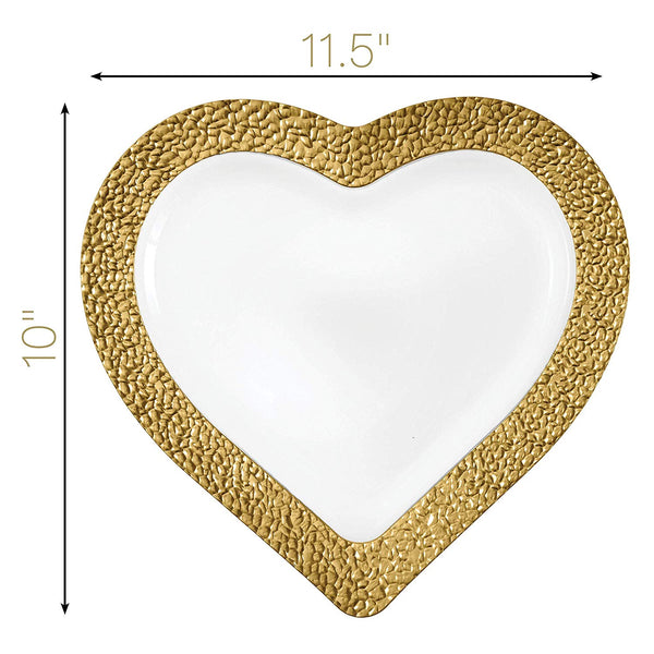 BloominGoods - Disposable Plastic plates, White with GOLD HAMMERED - 10" HEART Dinner Plates (25-Pack)