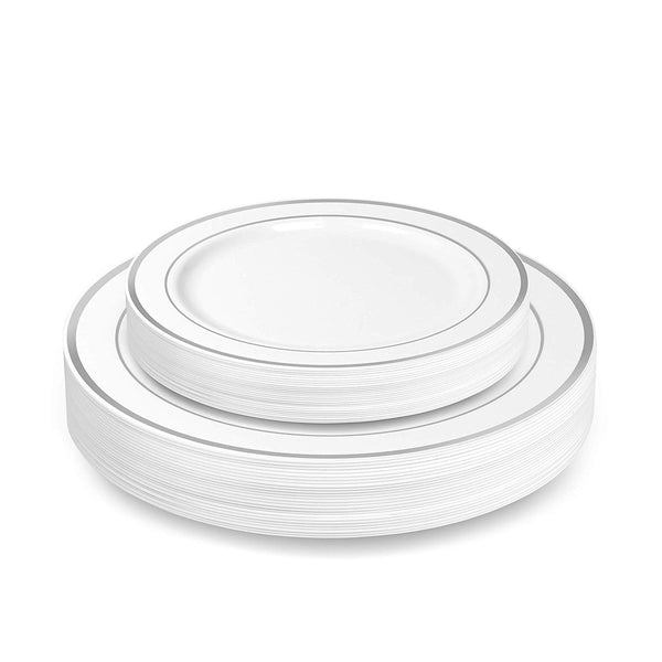 25 Guest Disposable Silver Rimmed Dinnerware Set | Heavy Duty Plastic Plates, Cups & Silverware. | 50 Forks, 25 Spoons, 25 Knives, 25 Dinner Plates, 25 Dessert Plates & 25 Cups (175 pieces) Silver