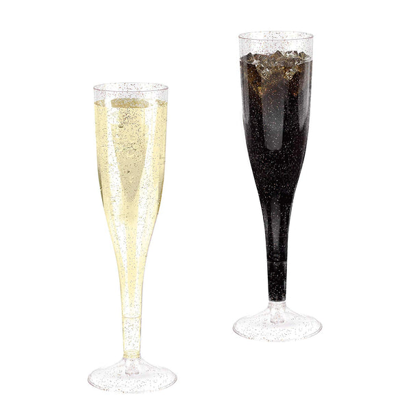Plastic Champagne Glasses with Rose Gold Glitter, 50-Pack Disposable or Reusable Large Champagne Flutes, 7 oz