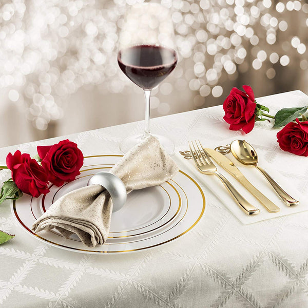 25 Guest Disposable Gold Dinnerware Set | Heavy Duty Plastic Plates, Cups, Silverware & Napkins. 50 Forks, 25 Spoons, 25 Knives, 25 Dinner Plates, 25 Dessert Plates & 25 Cups | Bonus 50 Guest Towels