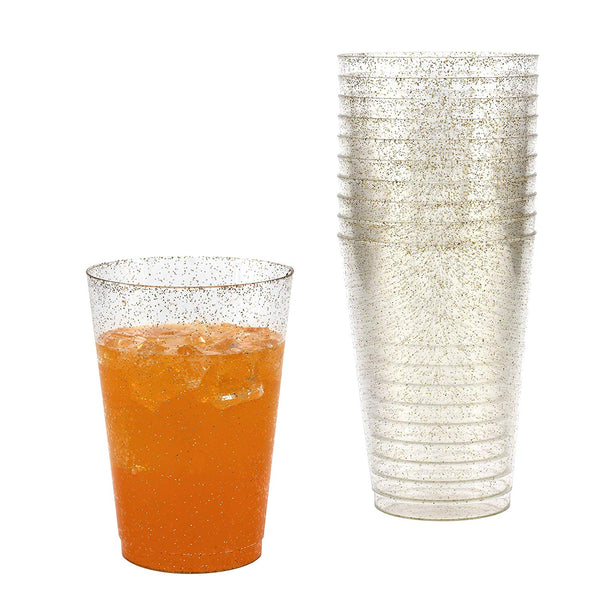 50 Gold Glitter Clear Hard Plastic Cups | 12 oz. Fancy Disposable Wedding Tumblers for Party & Wedding (50-Pack) by Bloomingoods