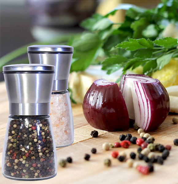 Premium Stainless Steel Salt and Pepper Grinder (Set of 2) - 6 Oz Glass Base Pepper Mill and Salt Mill - Adjustable Coarseness Grind Setting Salt and Pepper Shakers by Bloomingoods