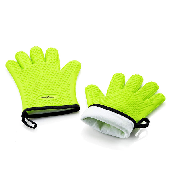 BloominGoods Silicone Cooking Gloves – Heat Resistant Oven Mitt & barbecue gloves for Grilling, BBQ and Baking - Non-Slip Potholders with Internal Protective Cotton Layer (Green)