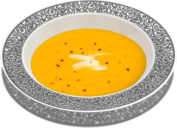BloominGoods - Disposable Plastic plates, White with SILVER LACE - 14-Ounce Soupe Bowls (50-pack)