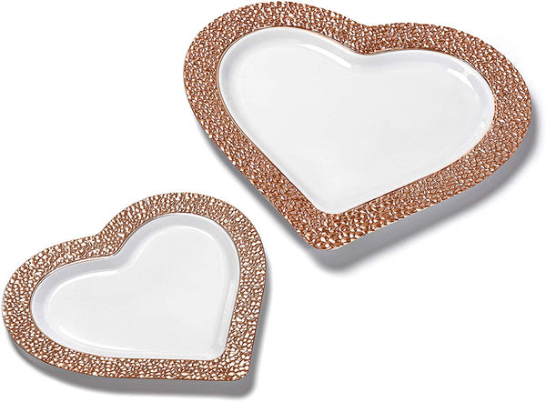BloominGoods - Disposable Plastic Plates, White with ROSE GOLD HAMMERED - 8" HEART Dessert Plate (25-Pack)