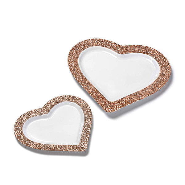 BloominGoods - Disposable Plastic plates, White with ROSE GOLD HAMMERED - 10" HEART Dinner Plates (50-Pack)