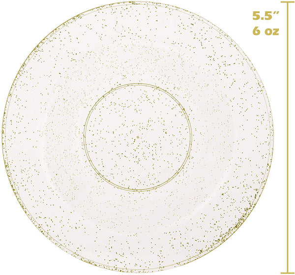 BloominGoods - Disposable Plastic plates, Clear with GOLD Glitter - 6-Ounce Dessert Bowls (50-pack)