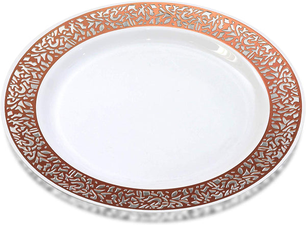 BloominGoods - Disposable Plastic plates, White with ROSE GOLD LACE - 7.5" Dessert Plate (50-pack)