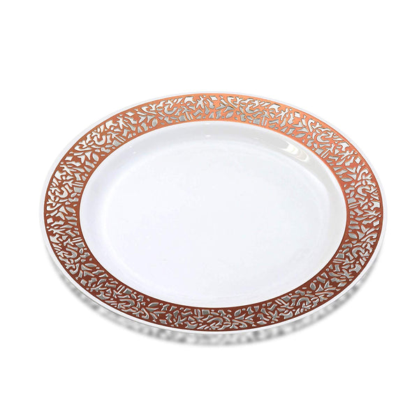 BloominGoods - Disposable Plastic plates, White with ROSE GOLD LACE - 10.25" Dinner Plates (50-pack)